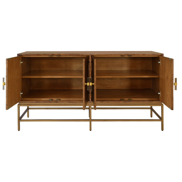 FOUR DOOR BUFFET WITH ANTIQUE BRASS METAL BASE IN DARK BURL WOOD
