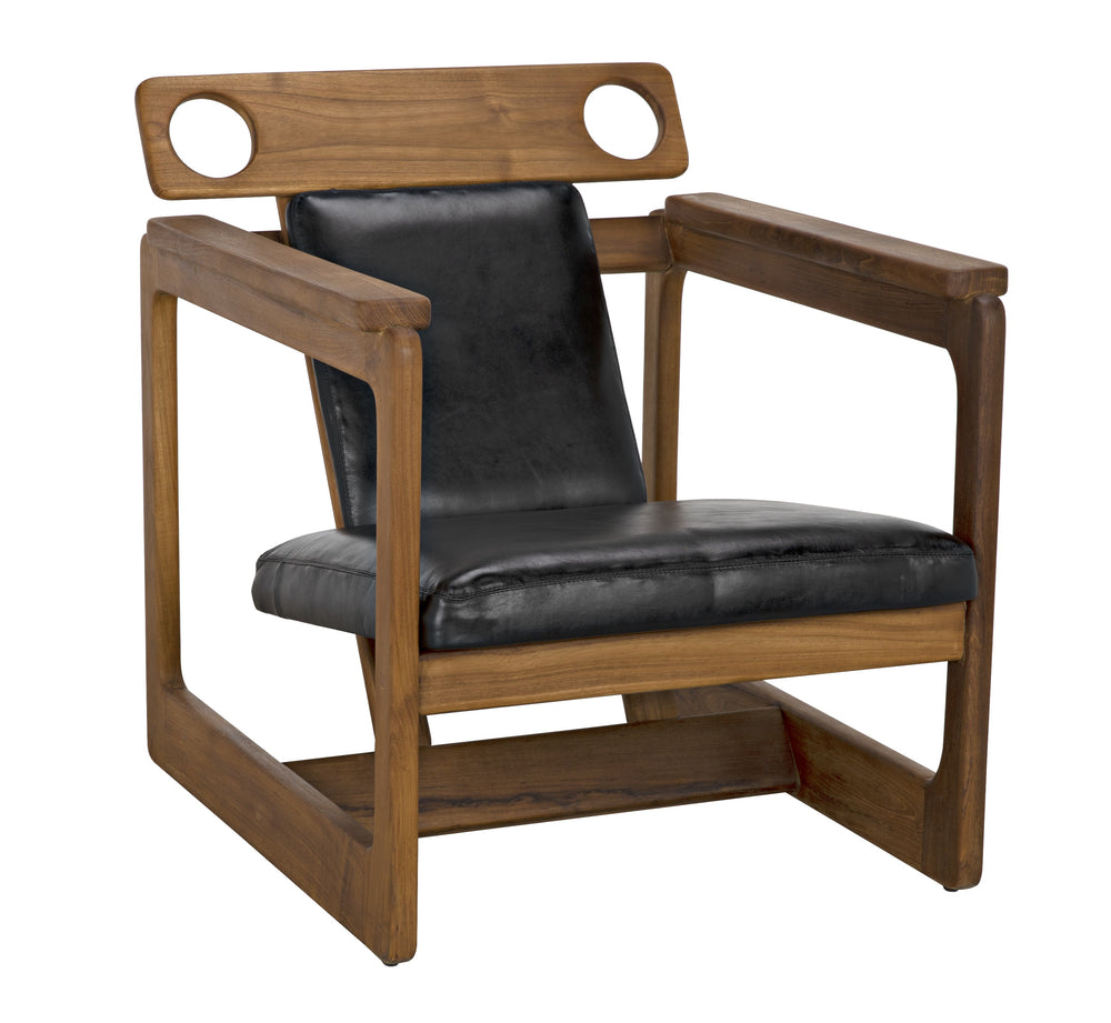 Buraco Teak Relax Chair with Gloss Finish and Black Leather Upholstery