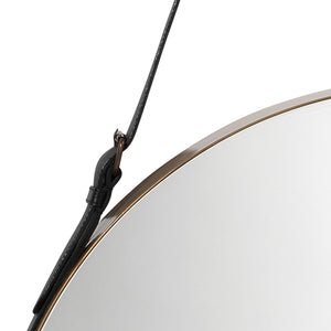 Round Steel Round Wall Mirror, Antique Brass and Black Leather Strap