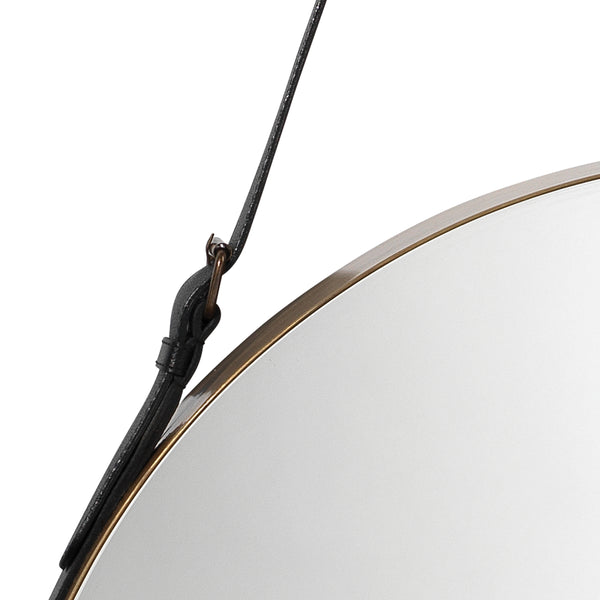 Round Steel Round Wall Mirror, Antique Brass and Black Leather Strap