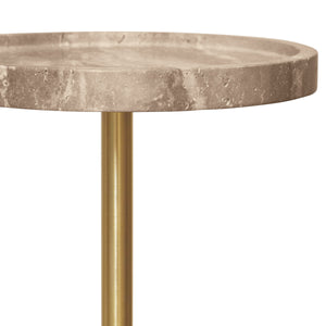 ROUND SIDE TABLE IN TRAVERTINE WITH STAINLESS STEEL POLE.