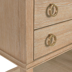 FOUR DRAWER CONSOLE WITH OPEN CANE SHELF IN CERUSED OAK