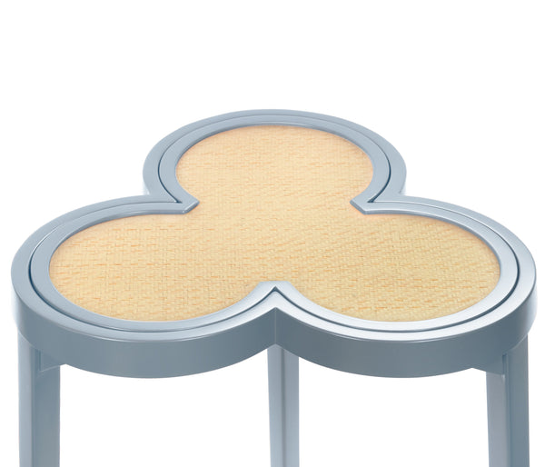 CLOVER CIGAR TABLE WITH REVERSIBLE LACQUER AND NATURAL GRASSCLOTH TOP IN MATTE LIGHT BLUE LACQUER