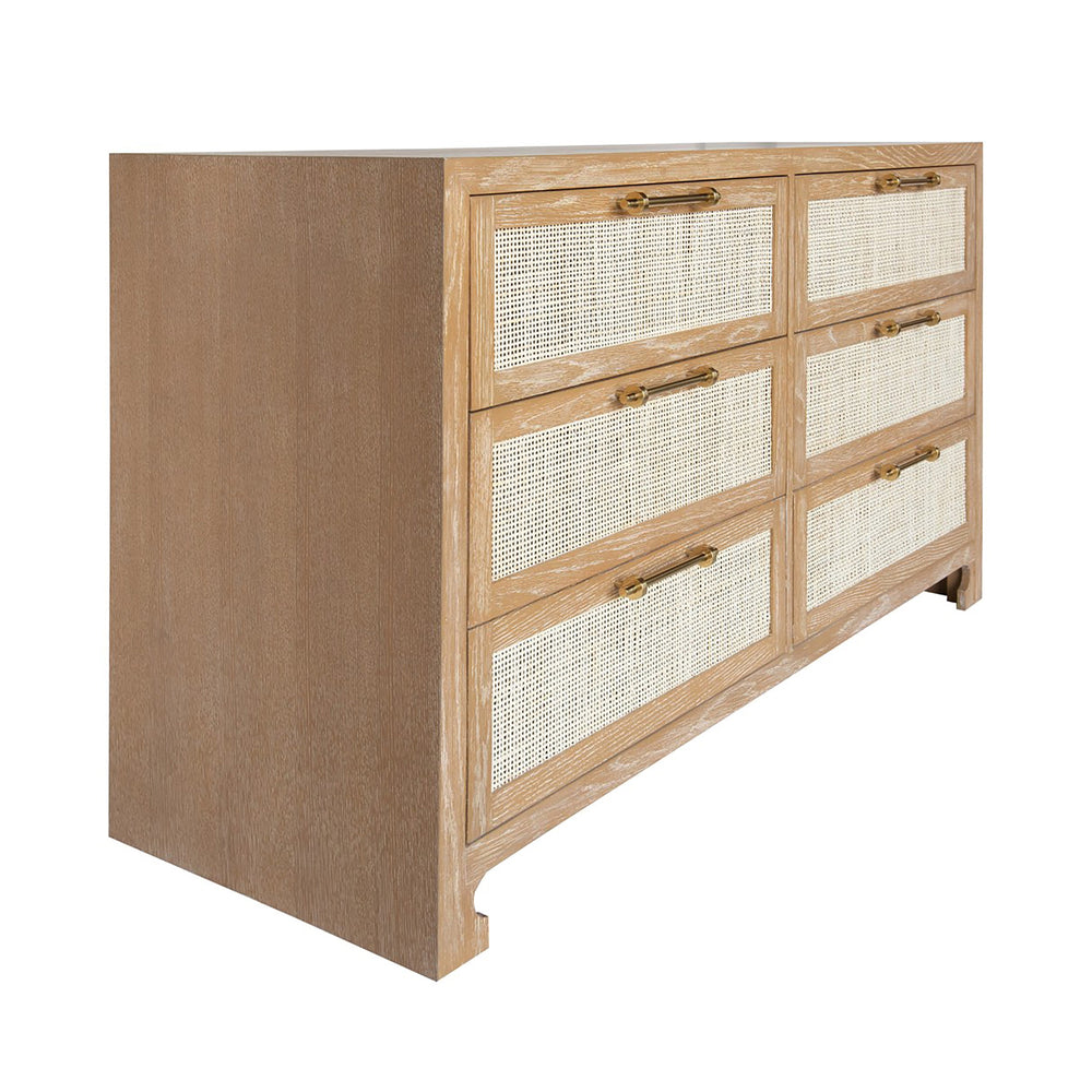 SIX DRAWER CANE FRONT CHEST WITH BRASS HARDWARE IN CERUSED OAK FINISH