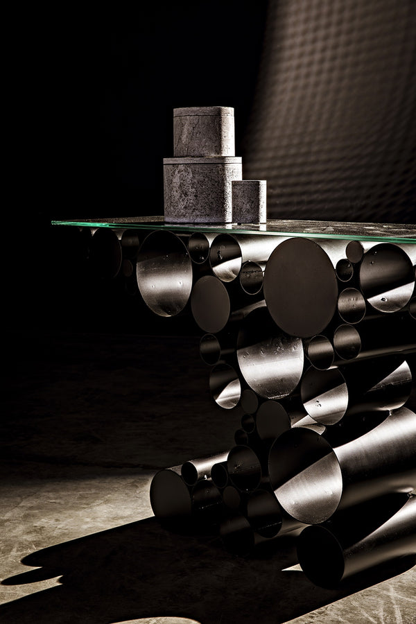 Paradox Console Table in Matte Black Industrial Steel with Glass Top