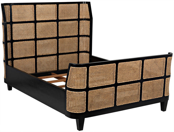 Porto Queen Bed in Hand-Rubbed Black Mahogany with Caning Detail