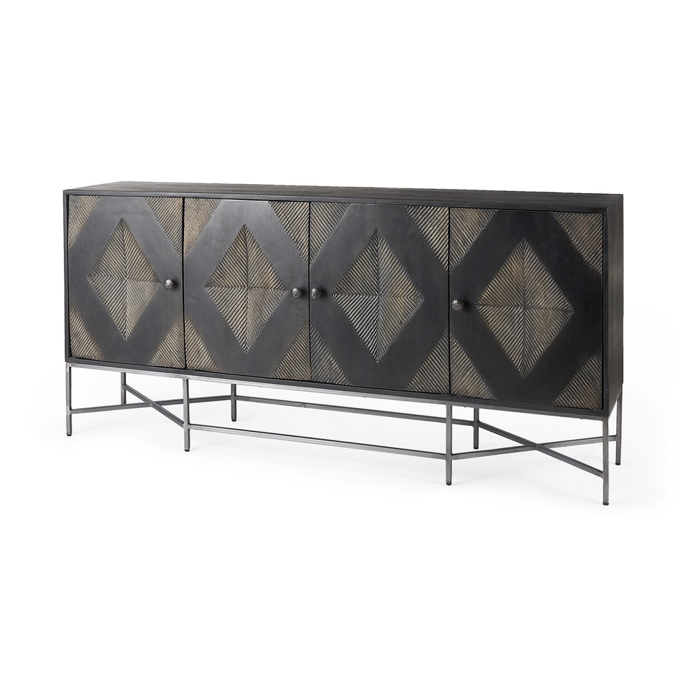 Hogarth I 72x15 Two-Tone Brown Solid Wood Base Silver Frame 4 Cabinet Sideboard