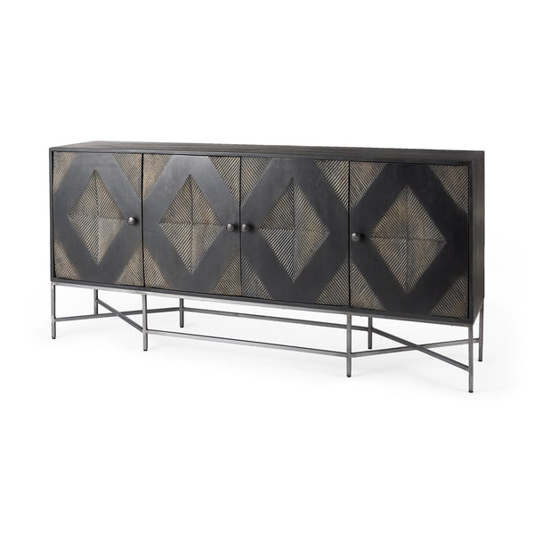 Hogarth I 72x15 Two-Tone Brown Solid Wood Base Silver Frame 4 Cabinet Sideboard