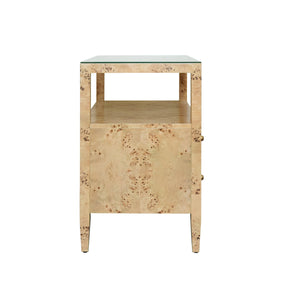 TWO DRAWER SIDE TABLE WITH OPEN TOP SHELF IN BURL WOOD WITH POLISHED BRASS KNOBS