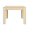 SQUARE TWO DRAWER GAME TABLE WITH MATTE LIGHT BLUE LACQUER EDGING AND INSET NATURAL GRASSCLOTH