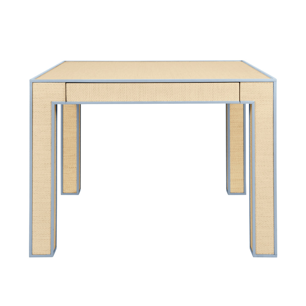 SQUARE TWO DRAWER GAME TABLE WITH MATTE LIGHT BLUE LACQUER EDGING AND INSET NATURAL GRASSCLOTH