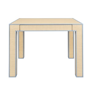 SQUARE TWO DRAWER GAME TABLE WITH MATTE LIGHT BLUE LACQUER EDGING AND INSET NATURAL GRASSCLOTH