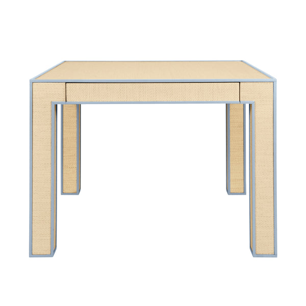 SQUARE TWO DRAWER GAME TABLE WITH MATTE LIGHT BLUE LACQUER EDGING AND INSET NATURAL GRASSCLOTH