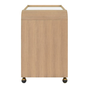 WATERFALL EDGE BAR CART WITH ANTIQUE BRASS RAILS IN NATURAL OAK