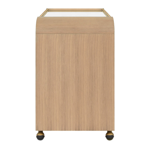 WATERFALL EDGE BAR CART WITH ANTIQUE BRASS RAILS IN NATURAL OAK