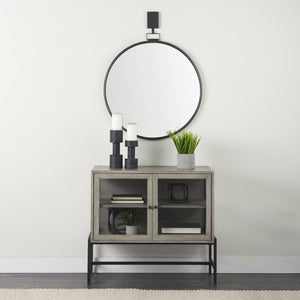 Arelius 36L x 18W x 32H Gray Wood, Black Metal Base w/ 2 Glass Doors Accent Cabinet