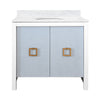 BATH VANITY WITH TEXTURED LIGHT BLUE LINEN DOORS, MATTE WHITE LACQUER SURROUND, ANT BRASS HARDWARE, WHITE MARBLE TOP, AND PORCELAIN SINK