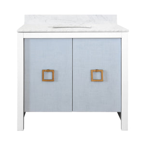 BATH VANITY WITH TEXTURED LIGHT BLUE LINEN DOORS, MATTE WHITE LACQUER SURROUND, ANT BRASS HARDWARE, WHITE MARBLE TOP, AND PORCELAIN SINK