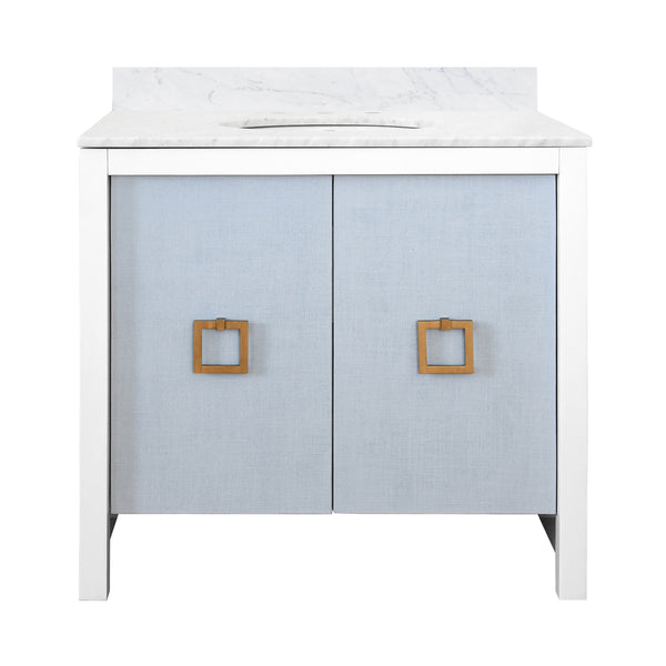 BATH VANITY WITH TEXTURED LIGHT BLUE LINEN DOORS, MATTE WHITE LACQUER SURROUND, ANT BRASS HARDWARE, WHITE MARBLE TOP, AND PORCELAIN SINK