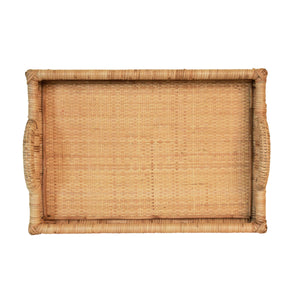 RECTANGULAR NATURAL RATTAN TRAY WITH OPEN OVAL DETAIL SIDES