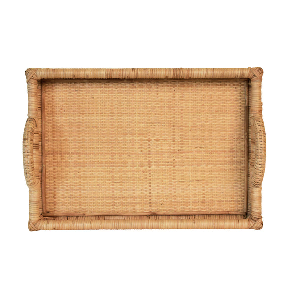 RECTANGULAR NATURAL RATTAN TRAY WITH OPEN OVAL DETAIL SIDES