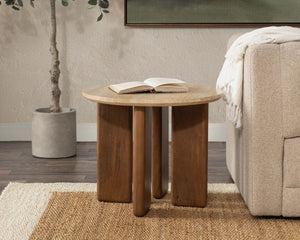 Idella Travertine Round End Table with Mango Wood Legs - Tan