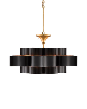 Grand Lotus Black Large Chandelier In Satin Black & Contemporary Gold Leaf