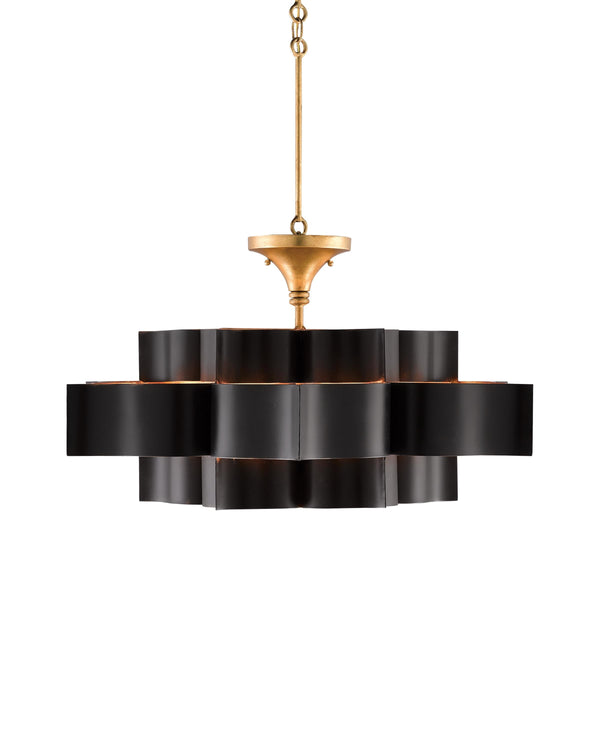 Grand Lotus Black Large Chandelier In Satin Black & Contemporary Gold Leaf