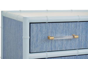FOUR DRAWER CHEST WITH BAMBOO DETAIL IN BLUE DYED GRASSCLOTH AND LIGHT BLUE MATTE LACQUER