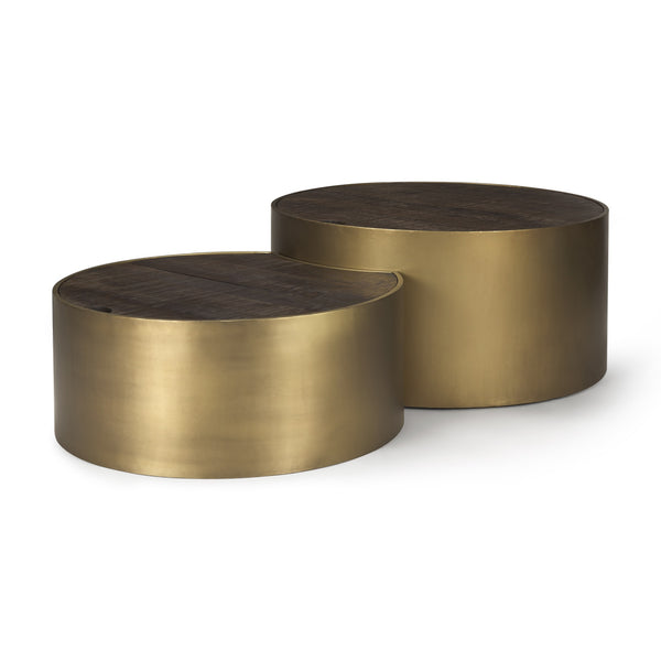 Eclipse Gold Metal Drum Base w/ Dark Brown Wood Top Nested Coffee Table