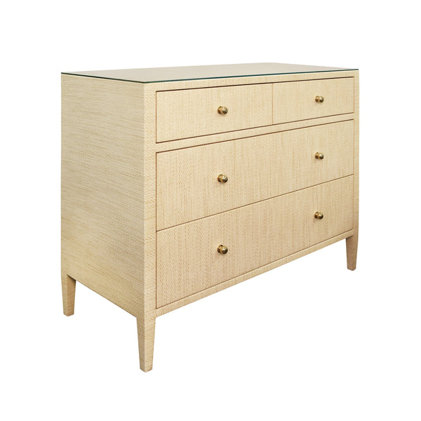 FOUR DRAWER CHEST IN NATURAL GRASSCLOTH WITH GLASS TOP