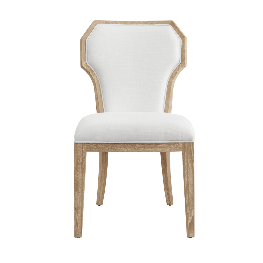 DINING CHAIR WITH CURVED ANGLE BACK IN CERUSED OAK WITH PERFORMANCE WHITE LINEN UPHOLSTERY
