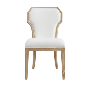DINING CHAIR WITH CURVED ANGLE BACK IN CERUSED OAK WITH PERFORMANCE WHITE LINEN UPHOLSTERY