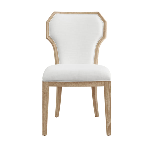 DINING CHAIR WITH CURVED ANGLE BACK IN CERUSED OAK WITH PERFORMANCE WHITE LINEN UPHOLSTERY