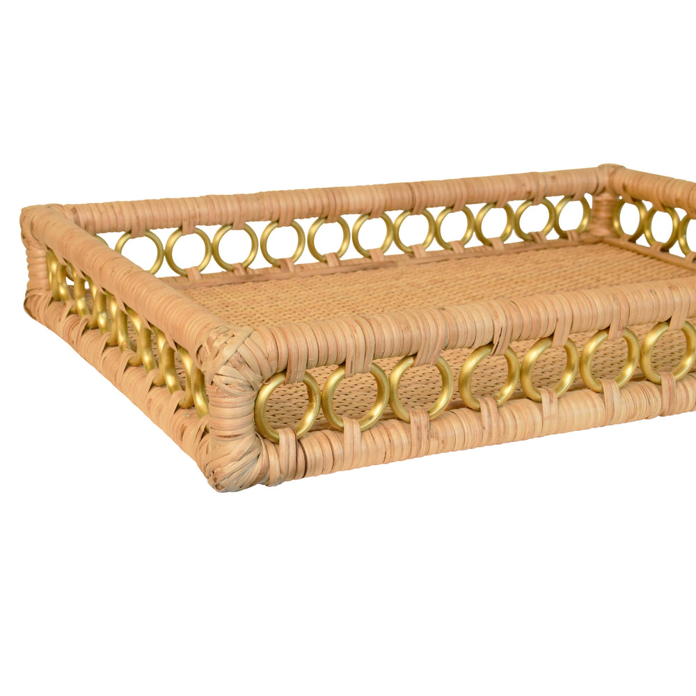 RECTANGULAR NATURAL RATTAN TRAY WITH BRASS RING DETAIL ON EDGE
