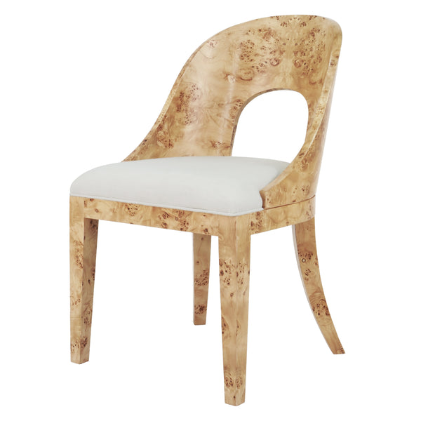 CURVED BACK WOODEN DINING CHAIR IN BURL WOOD WITH PERFORMANCE WHITE LINEN UPHOLSTERY