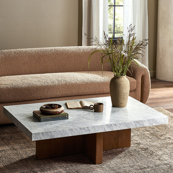 Bellamy Rectangular Coffee Table In White Carrera Marble