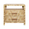 TWO DRAWER SIDE TABLE WITH RATTAN WRAPPED HANDLES IN BURL WOOD