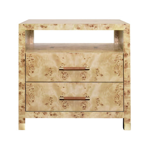 TWO DRAWER SIDE TABLE WITH RATTAN WRAPPED HANDLES IN BURL WOOD