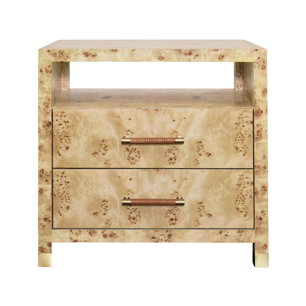 TWO DRAWER SIDE TABLE WITH RATTAN WRAPPED HANDLES IN BURL WOOD