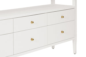 SIX DRAWER CONSOLE WITH OPEN SHELF IN TEXTURED WHITE LINEN WITH POLISHED BRASS KNOBS