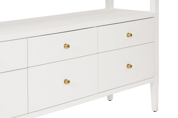 SIX DRAWER CONSOLE WITH OPEN SHELF IN TEXTURED WHITE LINEN WITH POLISHED BRASS KNOBS