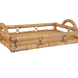 RECTANGULAR NATURAL RATTAN TRAY WITH OPEN OVAL DETAIL SIDES