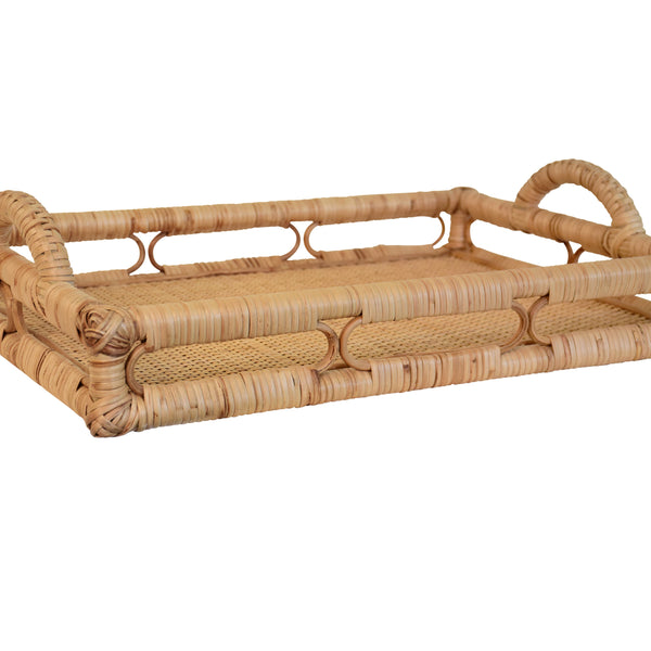 RECTANGULAR NATURAL RATTAN TRAY WITH OPEN OVAL DETAIL SIDES
