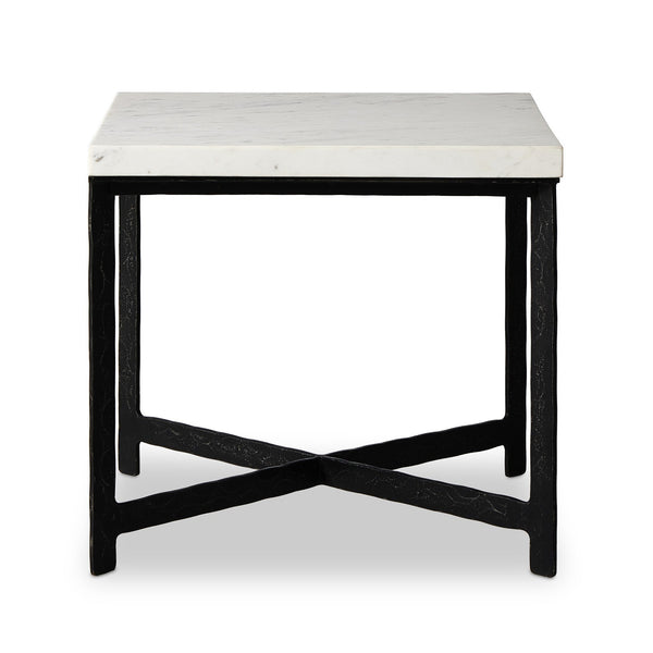 Hammered Iron End Table In White Marble