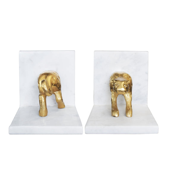 WHITE MARBLE BOOKENDS WITH BRASS LEOPARD