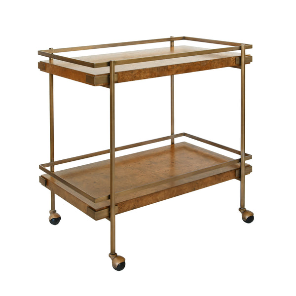 ANTIQUE BRASS BAR CART WITH SHELVES IN DARK BURL WOOD