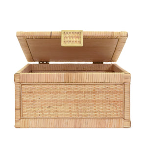 LARGE NATURAL RATTAN DECORATIVE BOX WITH BRASS FOOT CAPS
