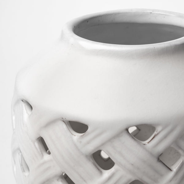 Forillon I Short White Glazed Lattice Pattern Vase