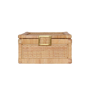 SMALL NATURAL RATTAN DECORATIVE BOX WITH BRASS FOOT CAPS
